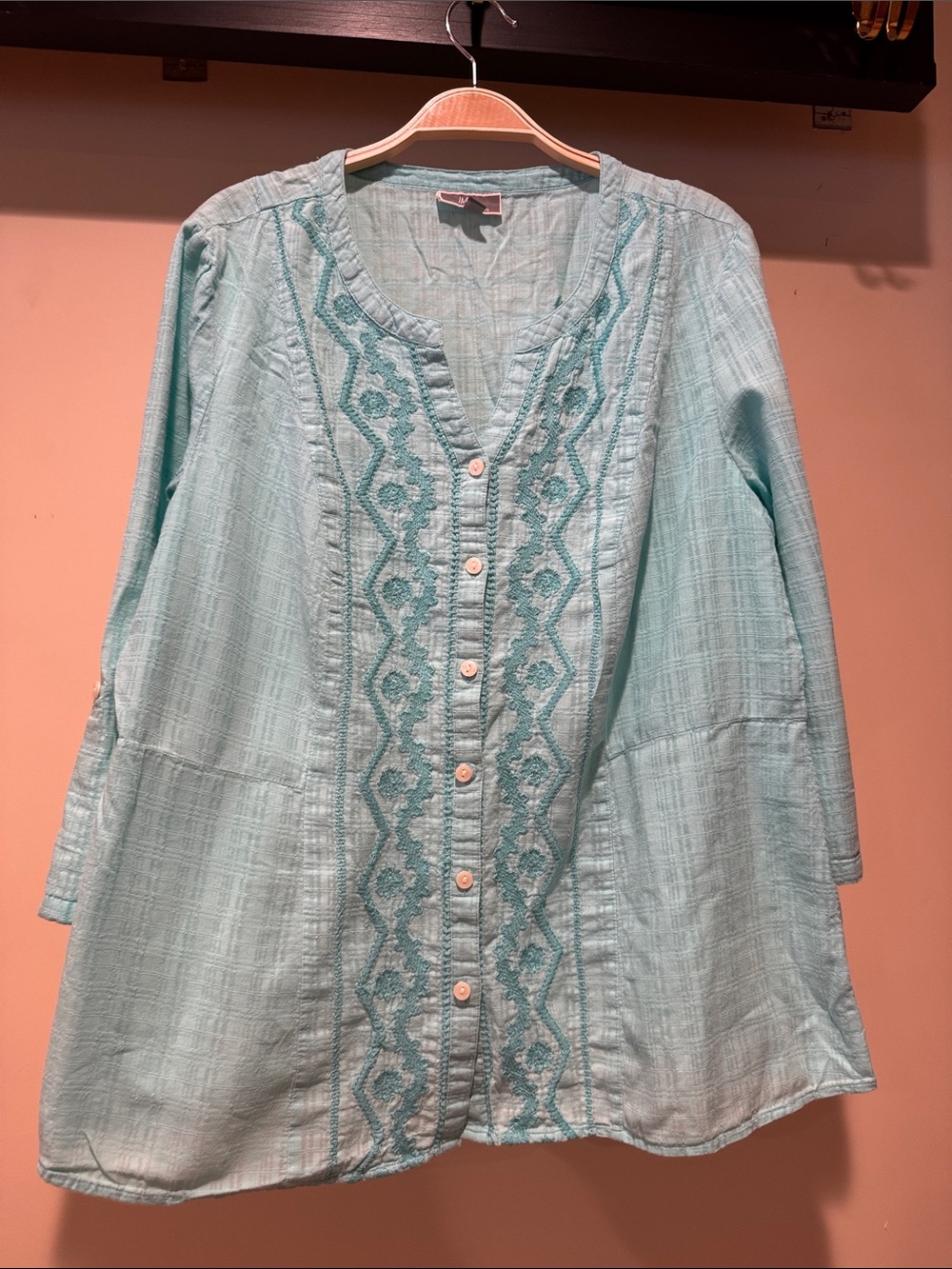 JM Collection Aqua Embroidered Button-Front Tunic